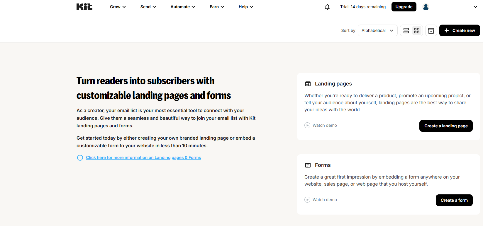 Best email list management software: Screenshot of a webpage promoting creating landing pages and forms to turn readers into subscribers. The page offers options to create a landing page or a form, with descriptions and Create buttons for each.