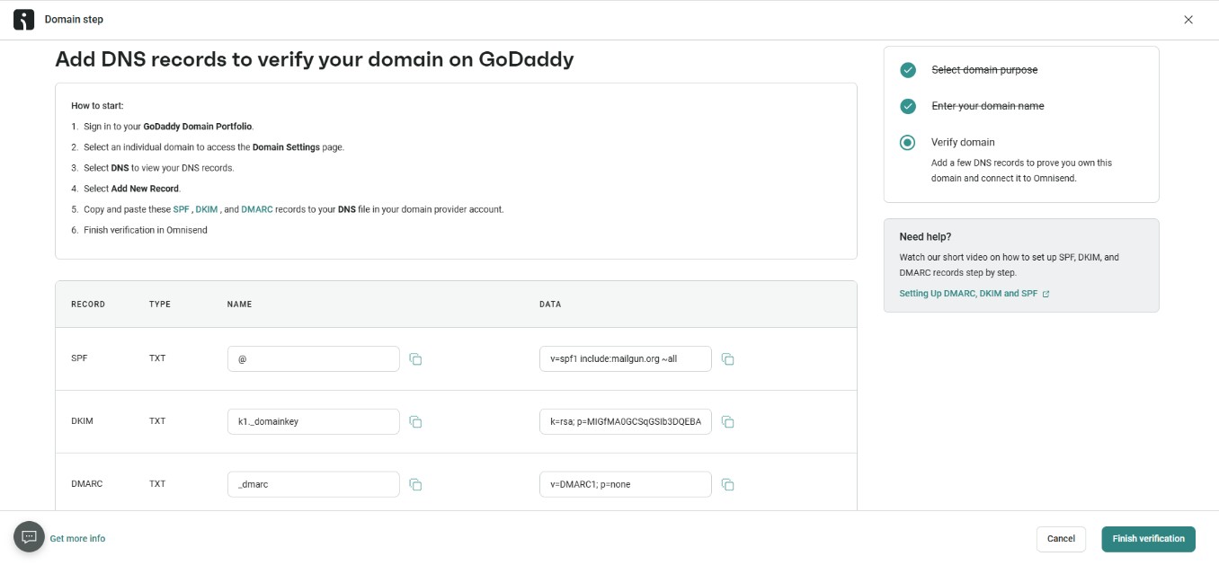 Improve email deliverability: A web page titled Add DNS records to verify your domain on GoDaddy shows instructions and a form with DNS record entries for SPF, DKIM, and DMARC. A sidebar lists setup steps. Buttons for canceling or finishing verification appear at the bottom.