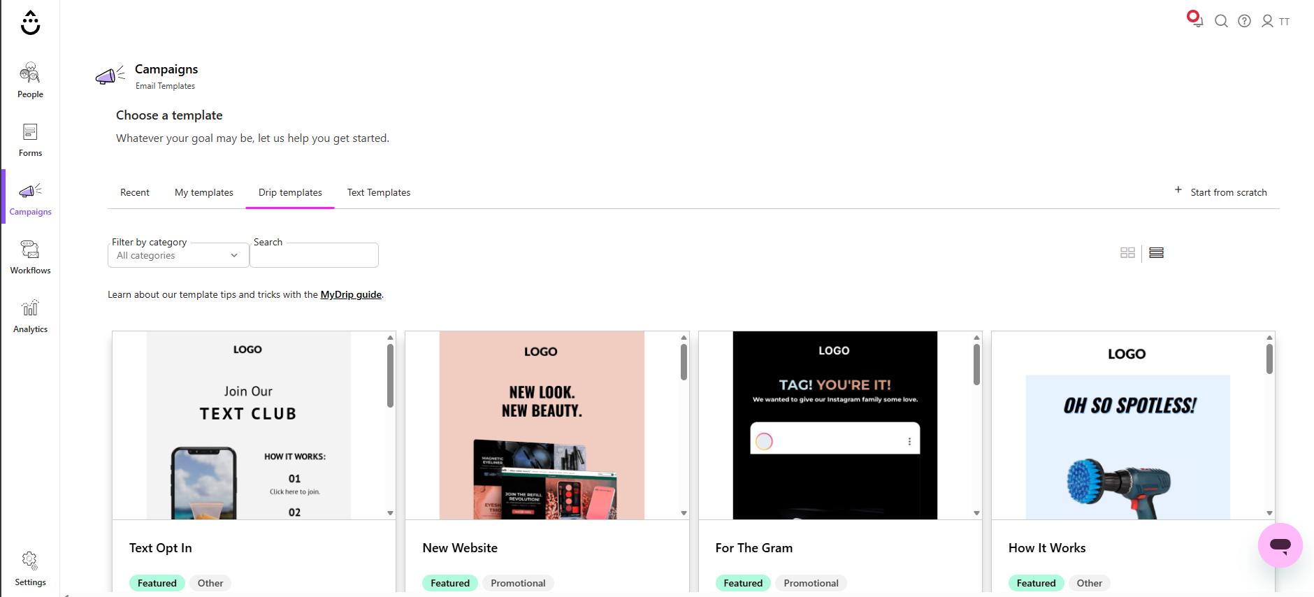 Best email list management software: A computer screen displays an email marketing platforms Campaigns section, showing a selection of email templates, including options for text opt-in, new website, and product promotions.
