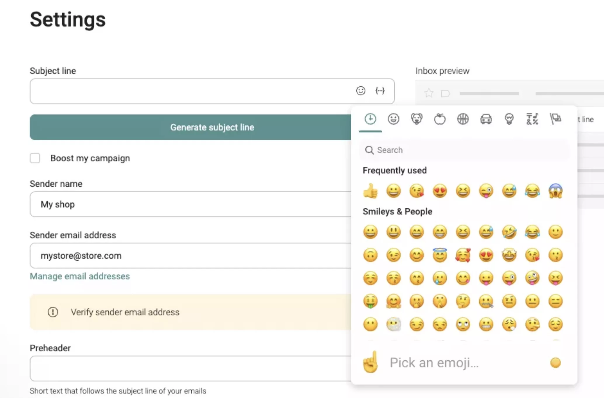 Emojis in subject lines: A settings page for an email campaign shows fields for subject line, sender email address, and email preview, with an open emoji picker displaying various smiley face emojis.