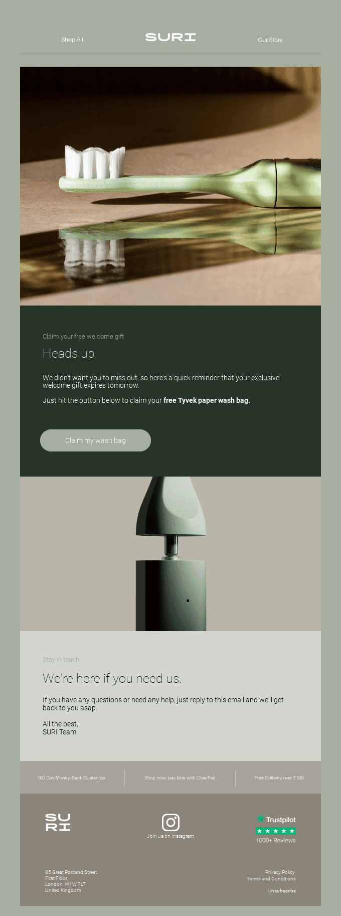 Lifecycle email marketing examples: A minimalist email design featuring a green toothbrush and holder on a table, with a button to claim a free Tyvek paper wash bag. Below is a close-up of the toothbrush and a support message with contact info and social media icons.