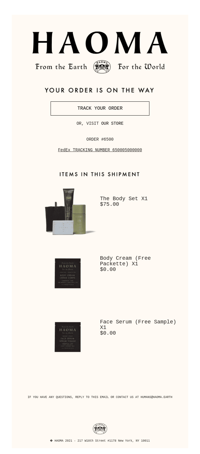 Lifecycle email marketing examples: An order confirmation email from HAOMA listing shipped items: The Body Set, Body Cream (free packet), and Face Serum (free sample), with prices and tracking info, on a clean white background with black text.
