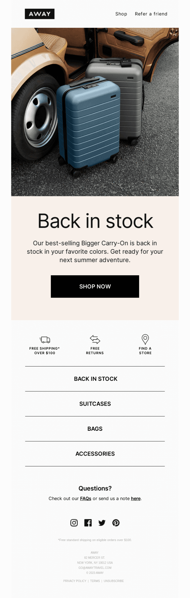 Lifecycle email marketing examples: Two hard-shell suitcases, one blue and one gray, stand upright next to a car tire. Text below announces the return of the best-selling Bigger Carry-On now back in stock.