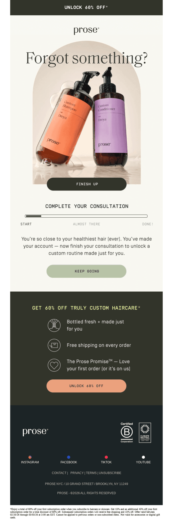 Lifecycle email marketing examples: Two Prose haircare bottles, one orange and one purple, sit in a wooden tray with a wooden hairbrush. The text promotes a discount and encourages the user to complete a haircare consultation.