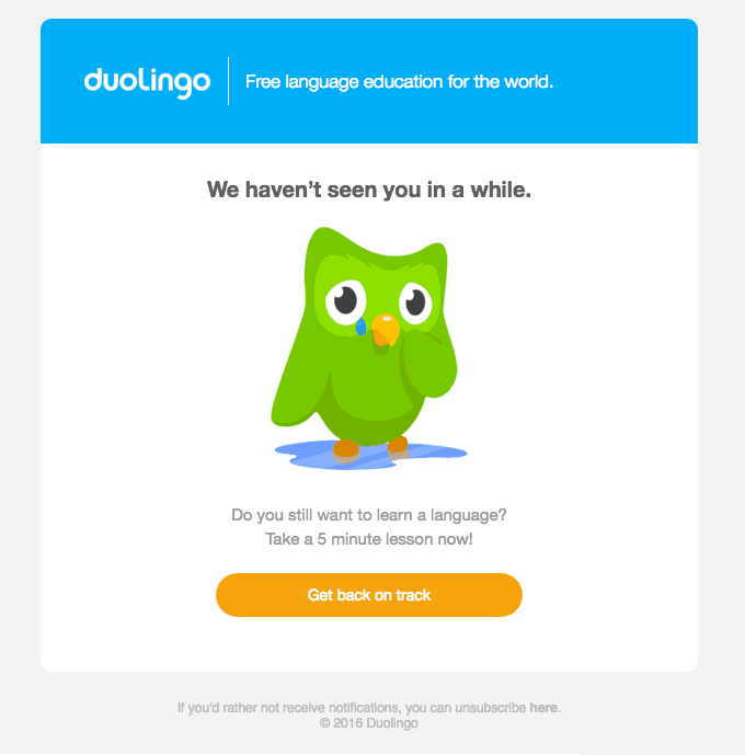 Lifecycle email marketing examples: A Duolingo email reminder featuring the green owl mascot with a tear, saying “We haven’t seen you in a while,” and a yellow button labeled “Get back on track.”.