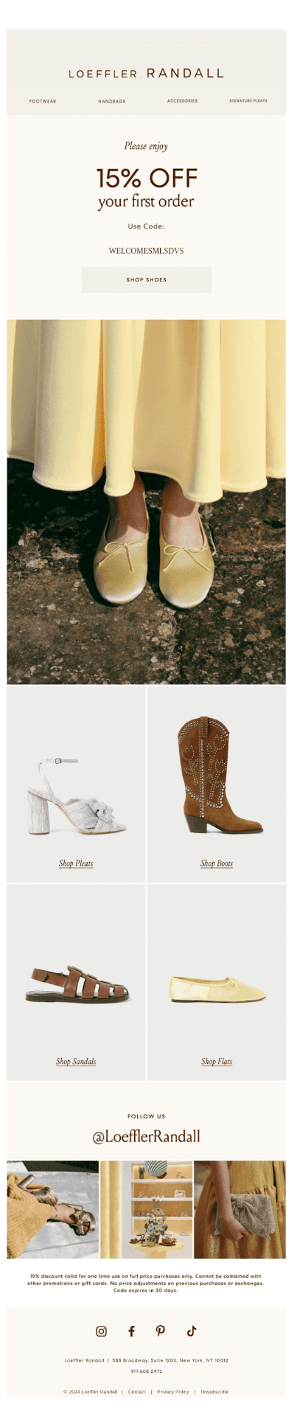 Lifecycle email marketing examples: A Loeffler Randall promo image offers 15% off first orders, shows a person wearing yellow shoes and a yellow skirt, and displays four shoe styles: white heels, brown boots, brown sandals, and yellow flats.