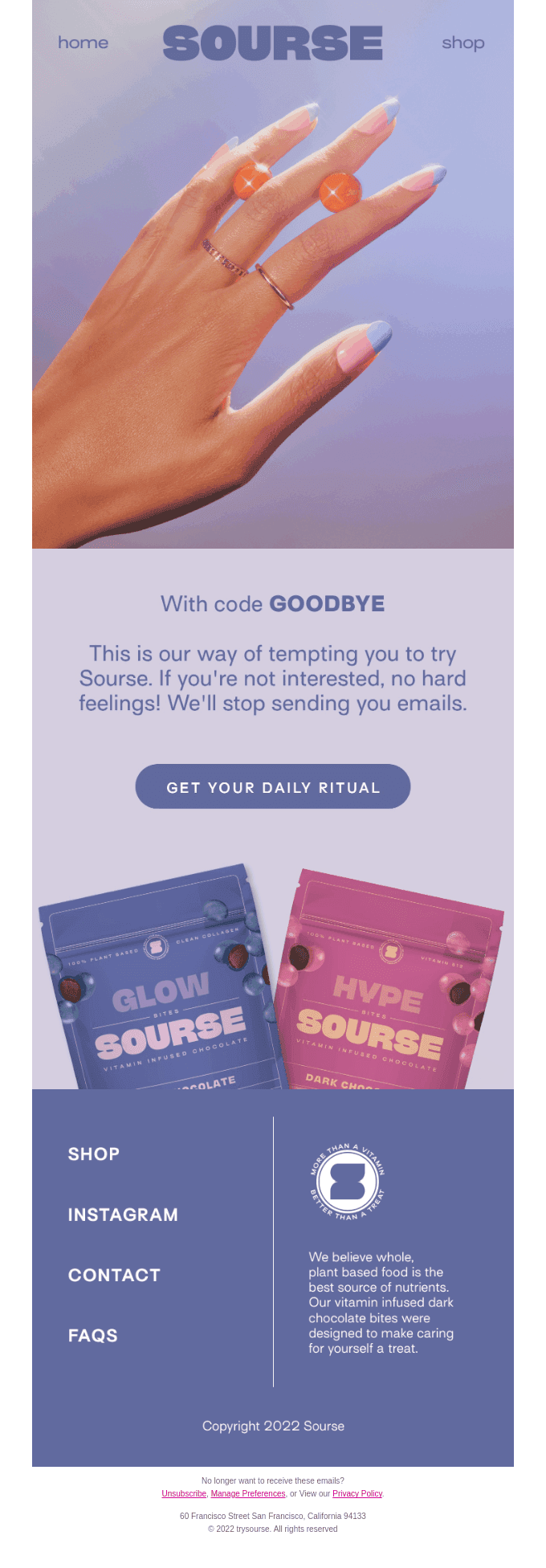 Lifecycle email marketing examples: A hand with pastel blue and lavender nails holds two orange gummies above blue and pink Sourse gummy packages. Text offers a discount code, links to shop, social media, contact, FAQs, and an email unsubscribe option.