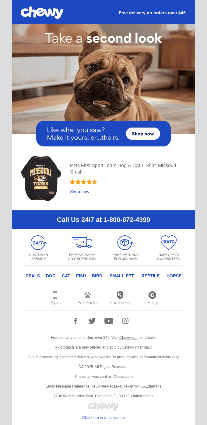 Lifecycle email marketing examples: A promotional email from Chewy featuring a brown dog wearing a Missouri Tigers T-shirt, with a banner inviting to shop. The email highlights 24/7 customer service, free shipping, and links to pet supplies.