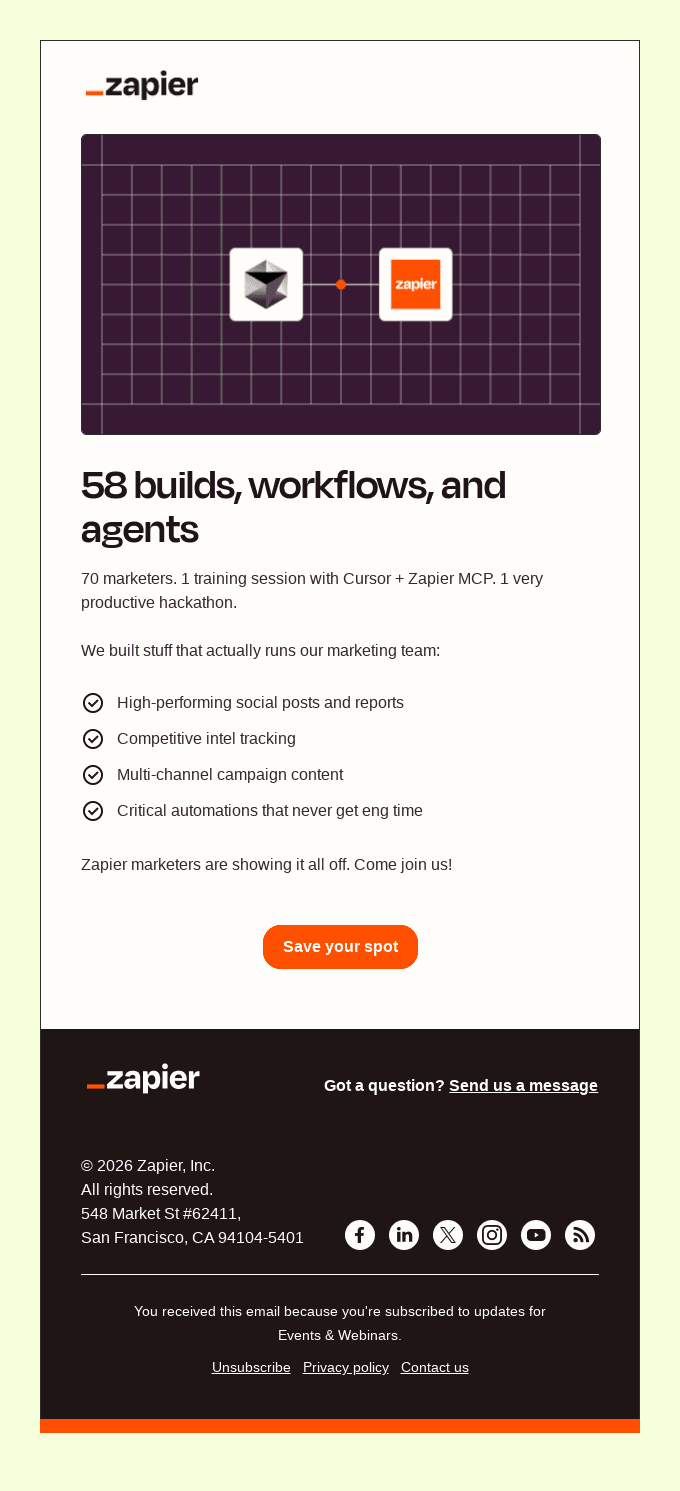 Lifecycle email marketing examples: Screenshot of a Zapier email highlighting 58 builds, workflows, and agents, with a graphic of connected shapes, key features listed, a Save your spot! button, and contact details at the bottom.
