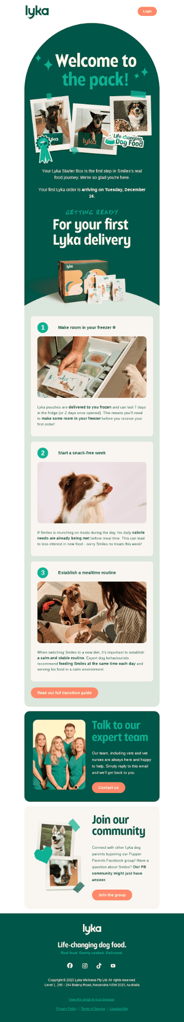 Lifecycle email marketing examples: A welcome email from Lyka featuring pet photos, steps to follow for a first Lyka delivery, feeding tips, info about Lyka’s support team, and an invitation to join the community. Colors are mainly green, white, and orange.
