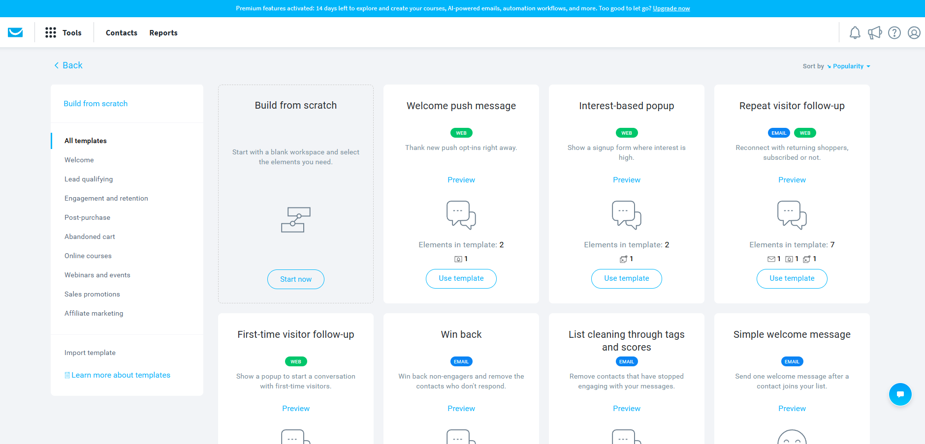 Best email list management software: A dashboard showing various notification templates, including Welcome push message, Interest-based popup, and First-time visitor follow-up, each with descriptions and a button labeled Use template.