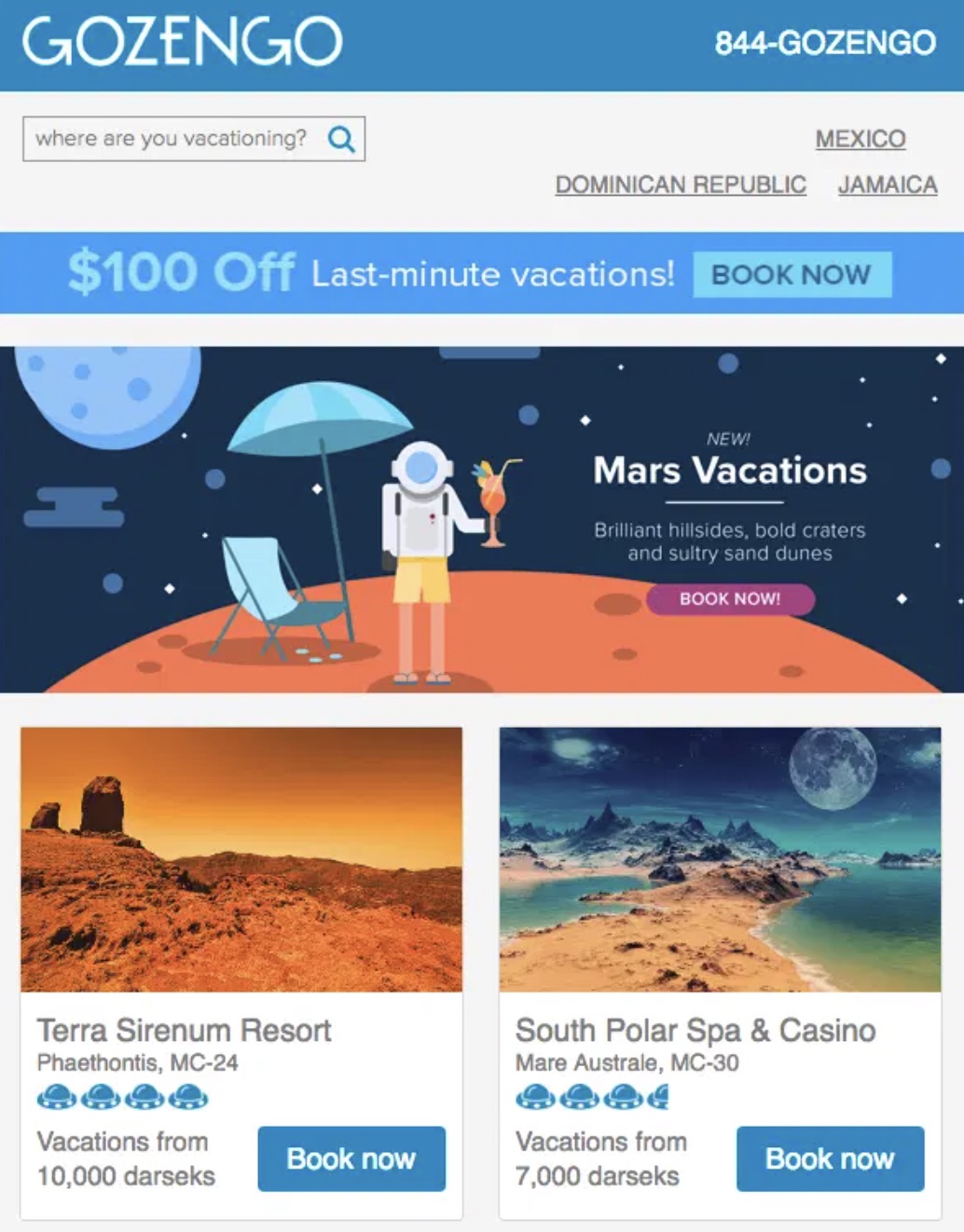 Travel email subject lines: A travel website promo showing a $100 off deal, a cartoon astronaut on a Mars beach, and vacation options for Terra Sirenum Resort and South Polar Spa & Casino, with prices in darseks.