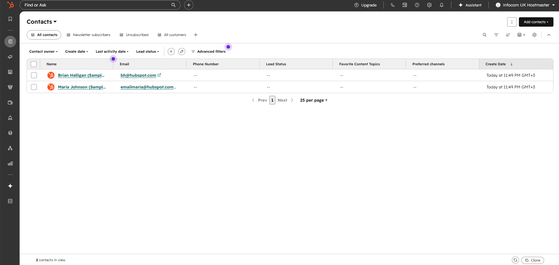 Best email list management software: A HubSpot Contacts dashboard displays a contact list with names, emails, lead status, favorite topics, and creation dates. Two contacts are shown: Brian Halligan and Maria Johnson. Some email addresses are visible.