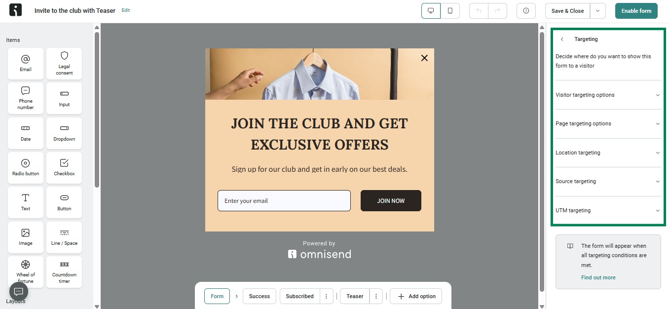 Improve email deliverability: A pop-up form builder interface is displayed. The form offers exclusive club offers and asks for an email address. Targeting options such as visitor, page, location, source, and UTM targeting are visible on the right panel.