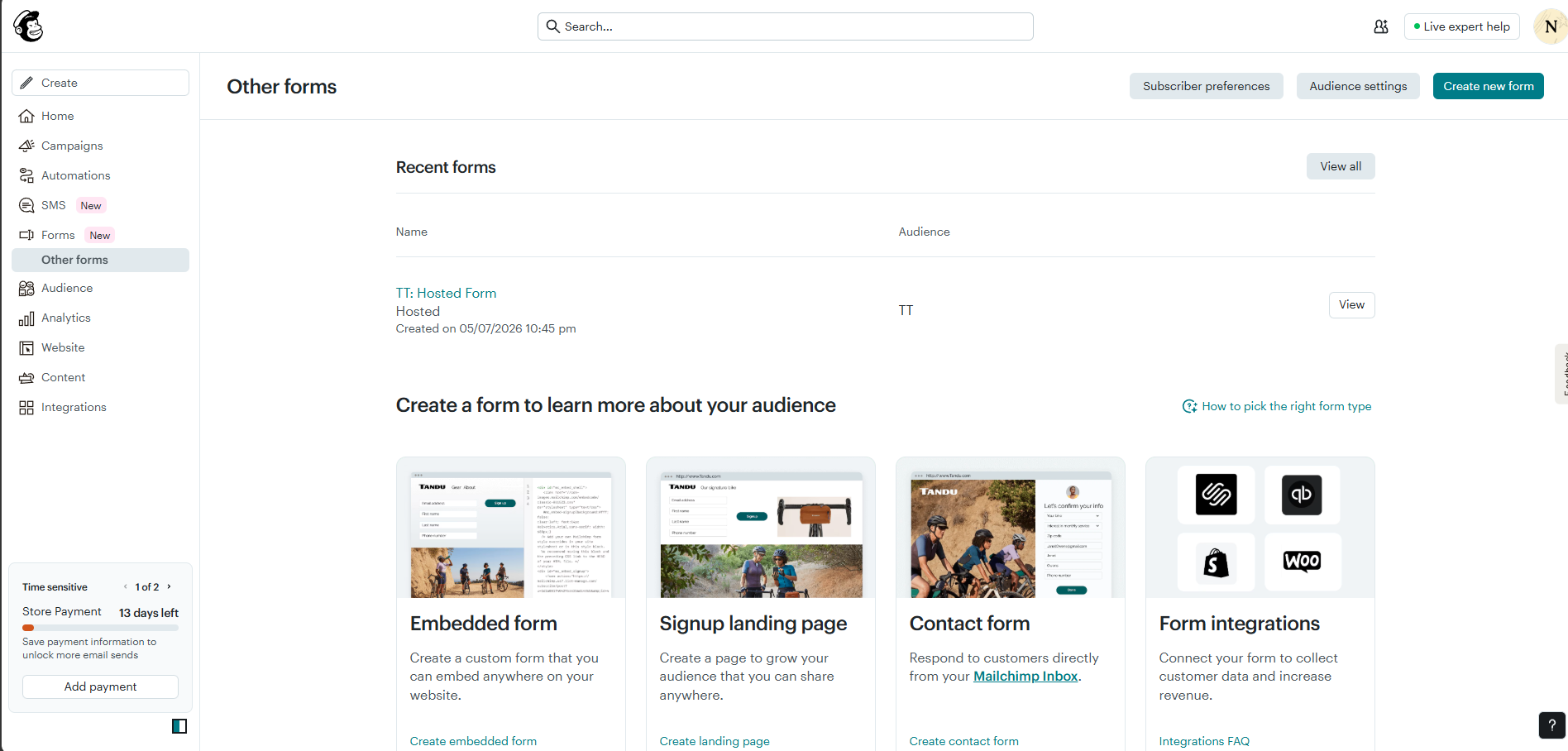 Best email list management software: A dashboard for managing forms, showing navigation menus on the left, options to create or view forms in the center, and templates for embedded forms, signup landing pages, contact forms, and form integrations.