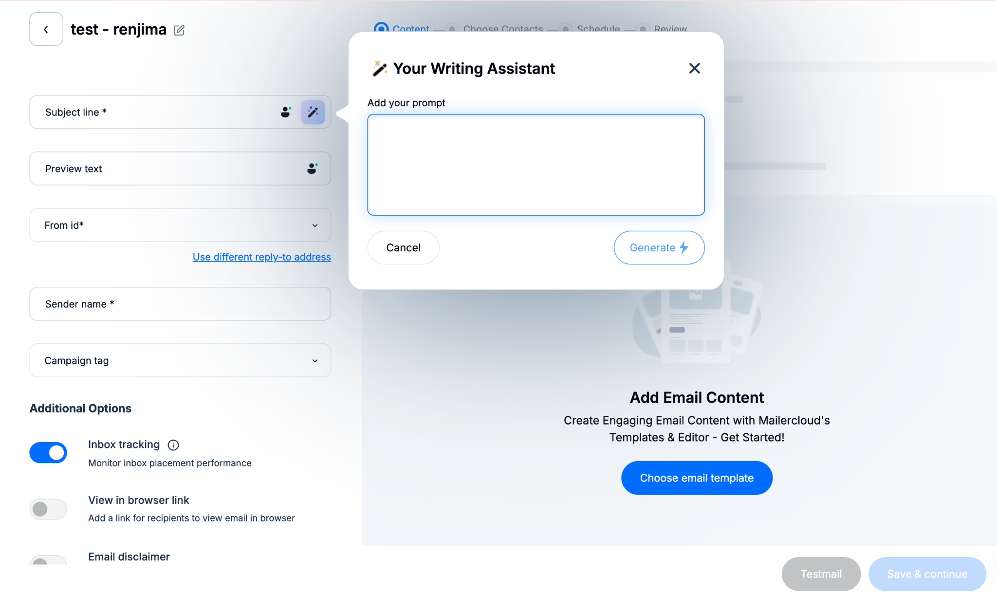 Campaign Monitor alternatives: A screenshot of the Mailercloud campaign setup screen, showing email fields like subject line, preview text, and sender name on the left, with a "Your Writing Assistant" AI prompt pop-up open in the center for generating email content.
