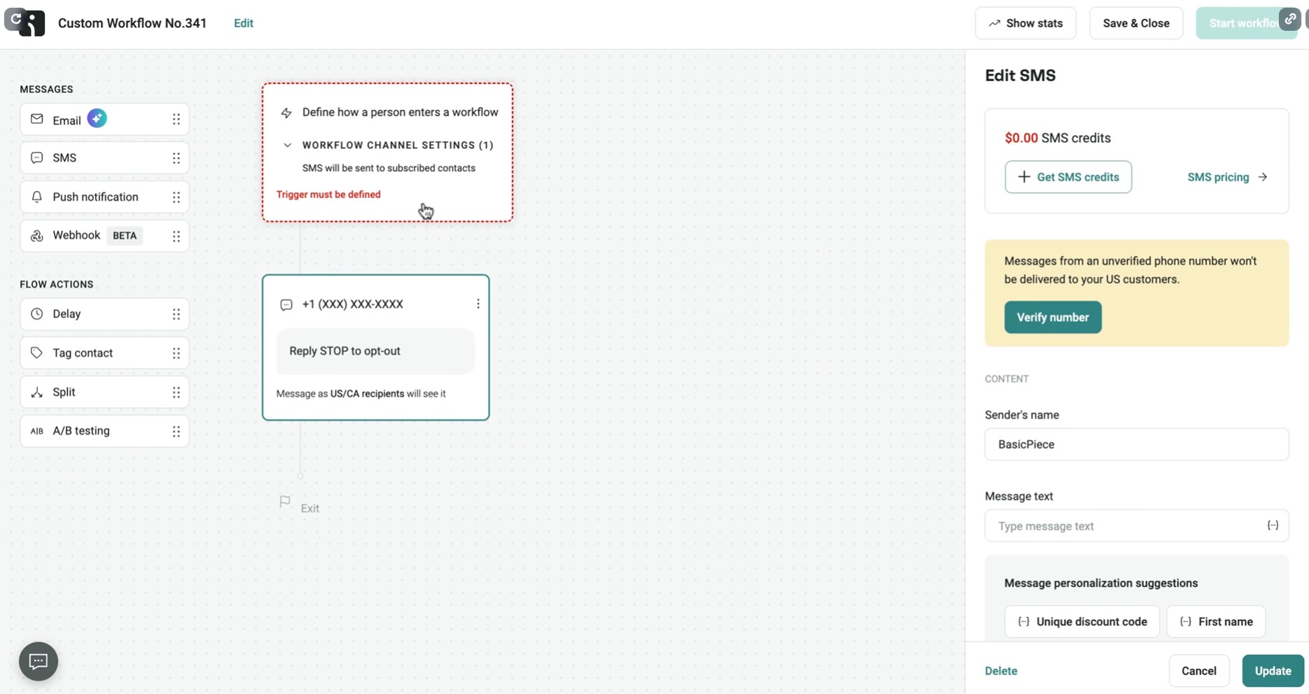 SMS aggregator: A workflow builder interface shows an unfinished SMS automation. A red alert box says, Trigger must be defined. SMS settings, message input, and sender info options are visible on the right side of the screen.