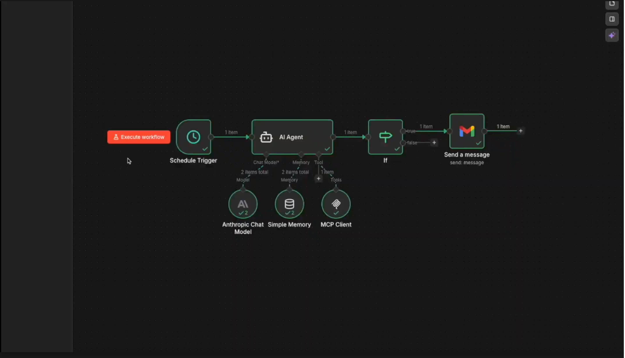 Subscriber notifications with Omnisend MCP: A dark-themed workflow diagram showing steps: Schedule Trigger, AI Agent, decision (If), and Send a message (Gmail). There are branches for Anthropic Chat, Simple Memory Model, and MCP Client under the AI Agent step.