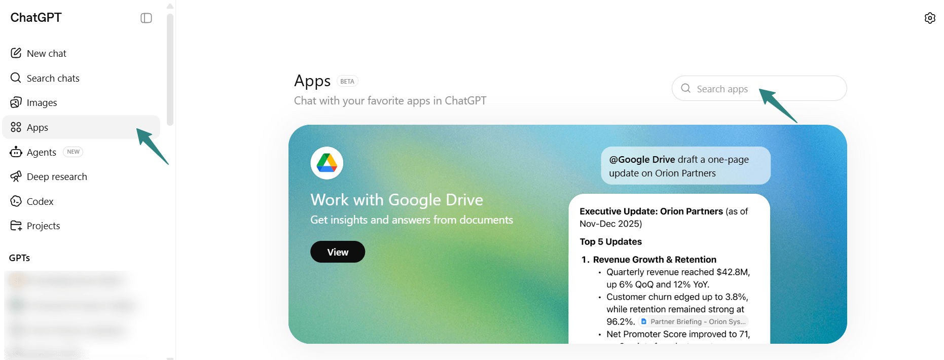 How to use ChatGPT for email marketing: Screenshot of the ChatGPT interface with the Apps tab highlighted on the left menu and the Search apps bar visible at the top right of the main content area. Google Drive integration is shown as featured.