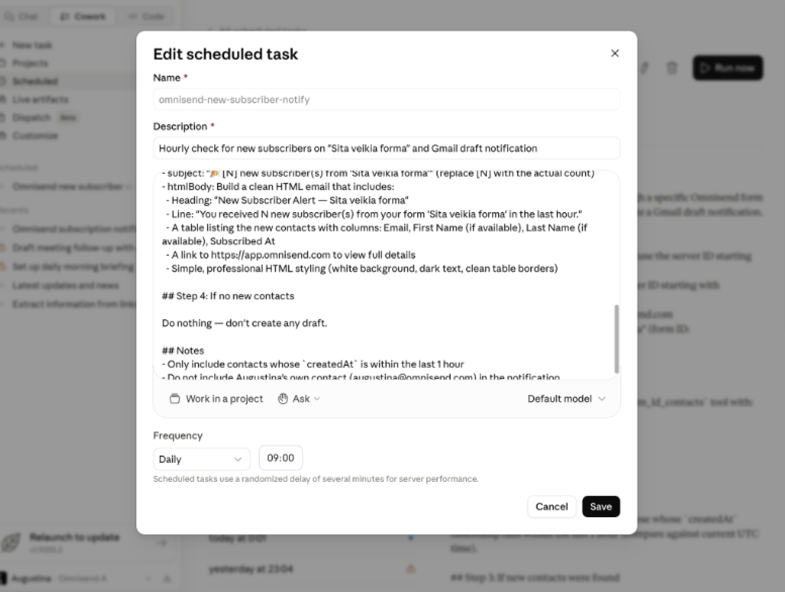Subscriber notifications with Omnisend MCP: A pop-up window titled Edit scheduled task displays fields for Name, Description, and Notes, with options for Frequency and Time. The interface includes buttons for saving or canceling the task at the bottom.