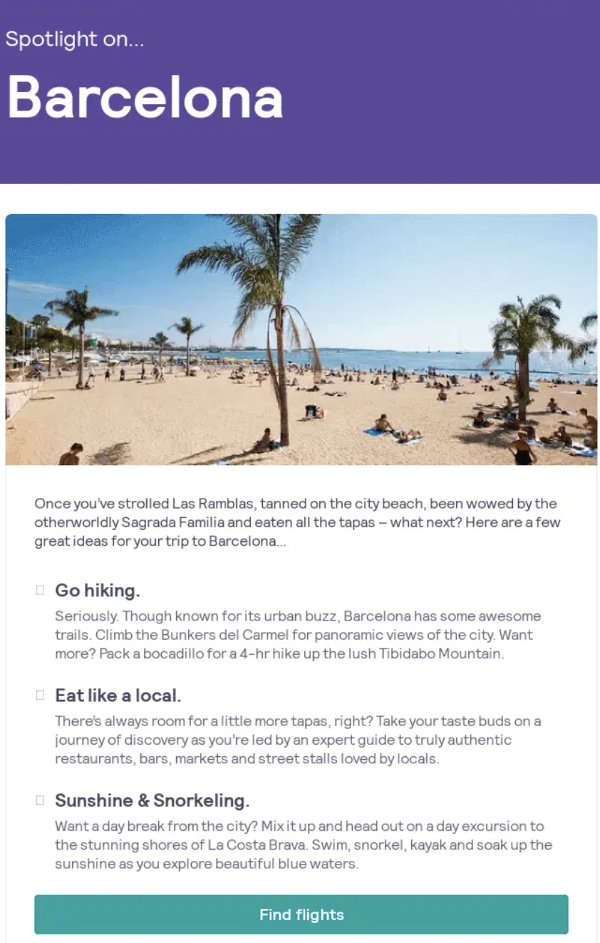 Travel email subject lines: A travel guide for Barcelona with a beach photo, palm trees, and people sunbathing. Text highlights activities: hiking, eating like a local, and sunshine & snorkeling. A green Find flights button is at the bottom.
