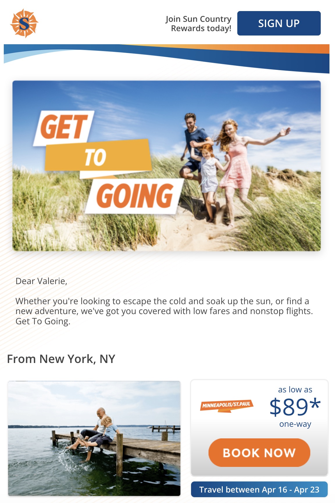 Travel email subject lines: A family of four runs and holds hands on a sunny beach with Get To Going written in bold orange and white text. Below, another image shows a father and son sitting on a dock above a lake.