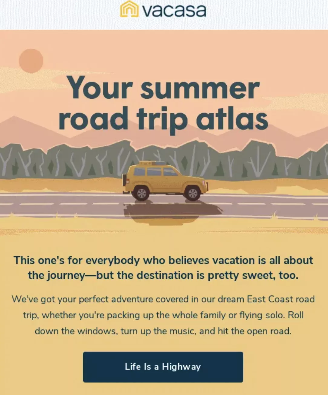 Travel email subject lines: Illustration of a yellow SUV driving on a road with mountains and trees in the background. Text reads: Your summer road trip atlas and describes planning the perfect East Coast road trip adventure.