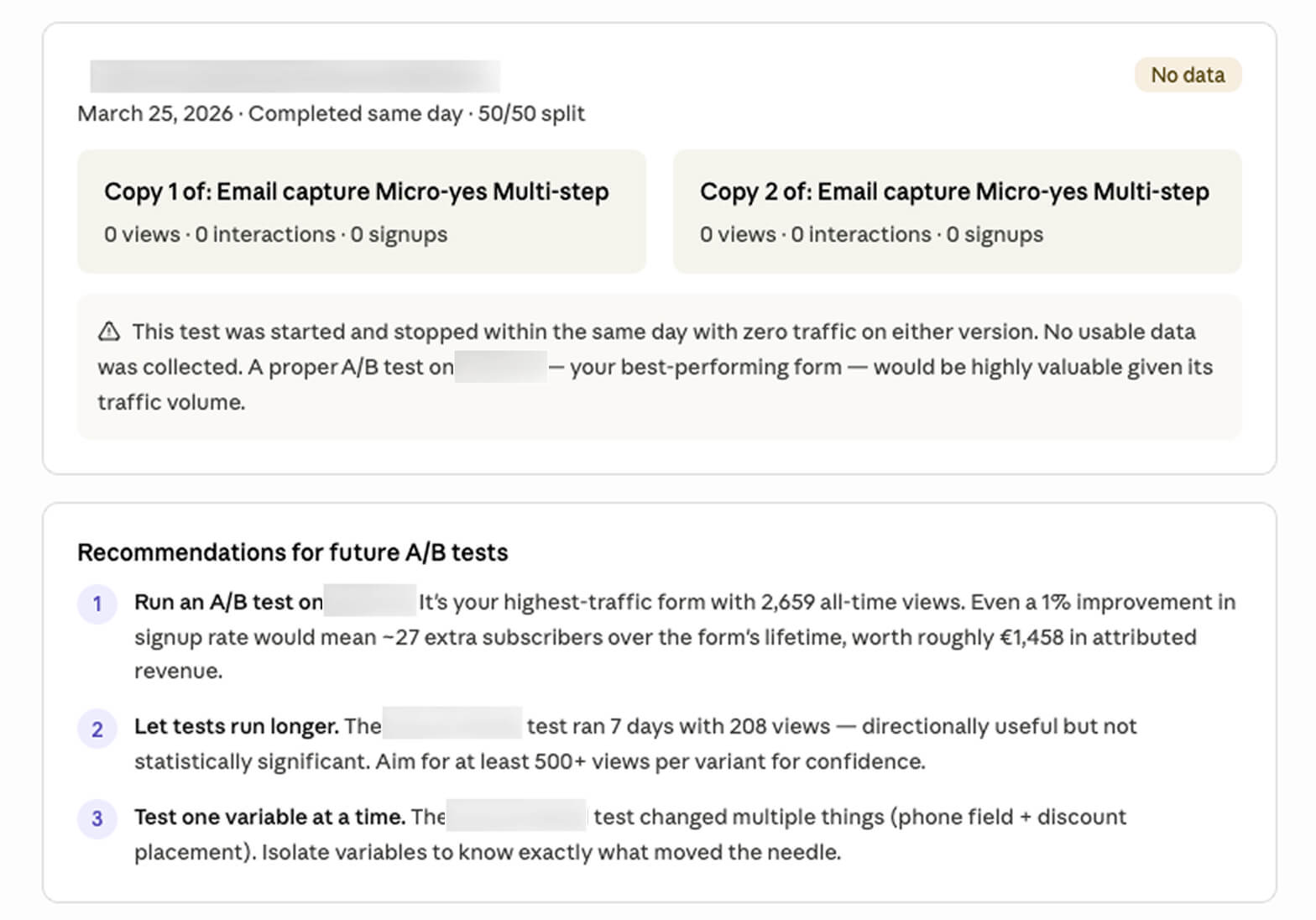 Form performance with Omnisend MCP: Screenshot of an A/B test summary for two email capture options with 0 views, interactions, and signups, plus recommendations for future A/B tests, including running longer tests and testing one variable at a time.