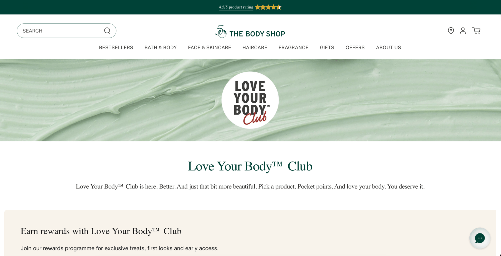 Loyalty programs: Screenshot of The Body Shop website featuring the Love Your Body™ Club loyalty program, with a green cream background, club logo, and text inviting users to earn rewards and access exclusive treats and early access.