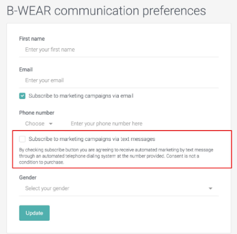 SMS opt-in message examples: A form titled B-WEAR communication preferences with fields for name, email, phone, gender, and options to subscribe to marketing campaigns via email or text messages. The text message option is highlighted with a red box.