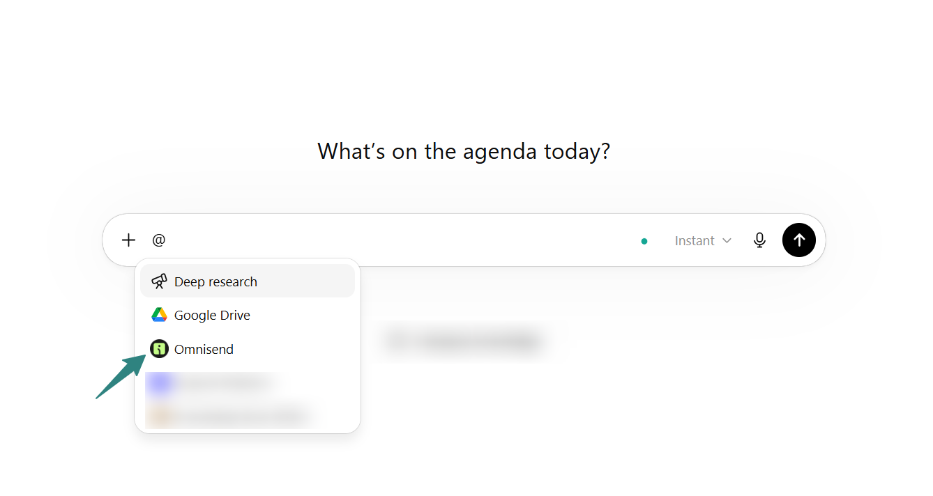 How to use ChatGPT for email marketing: A digital search bar interface displays the text Whats on the agenda today? with a dropdown menu showing options: Deep research, Google Drive, Omnisend, and two blurred items. An arrow points to Omnisend.