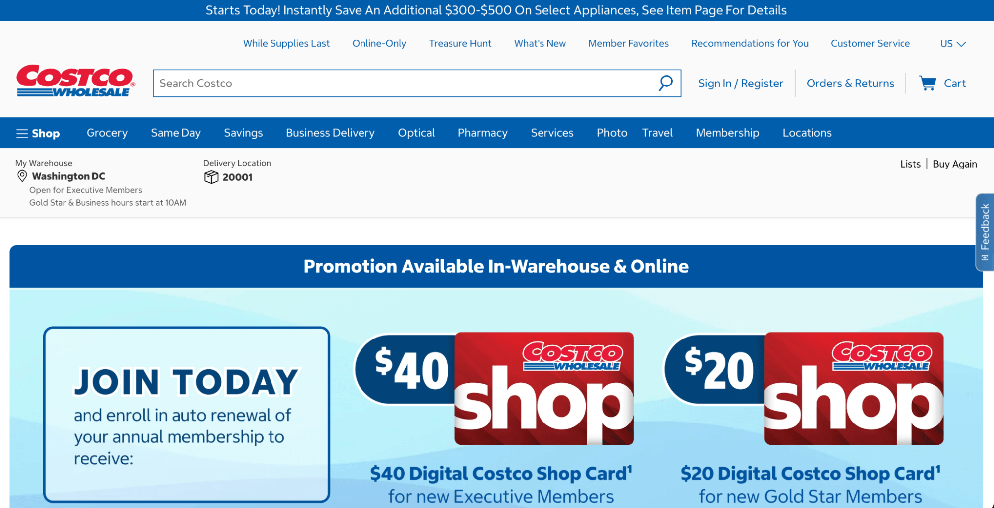Loyalty programs: Screenshot of the Costco Wholesale website homepage, showing a search bar, navigation menu, location set to Washington DC, and promotions for $40 and $20 Costco Shop Cards for new and renewing members.