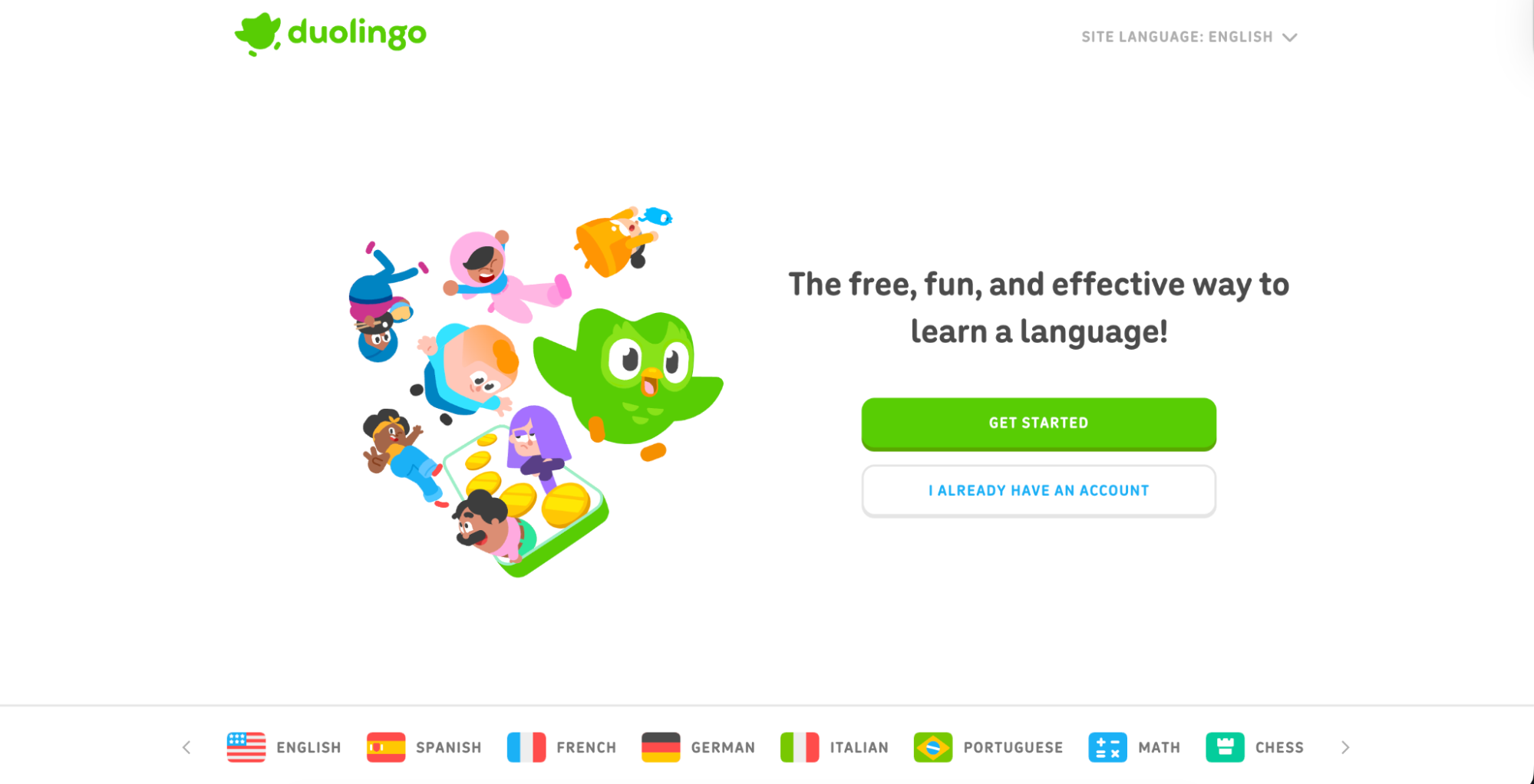 Loyalty programs: Duolingo homepage featuring the green owl mascot, animated characters, and buttons to get started or log in. Language options are displayed at the bottom. Text reads: The free, fun, and effective way to learn a language!.