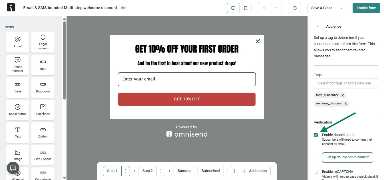 Improve email deliverability: A screenshot of an email and SMS signup form editor. The form offers 10% off the first order for email signups. Side panels show options for audience targeting, tagging, and enabling double opt-in.