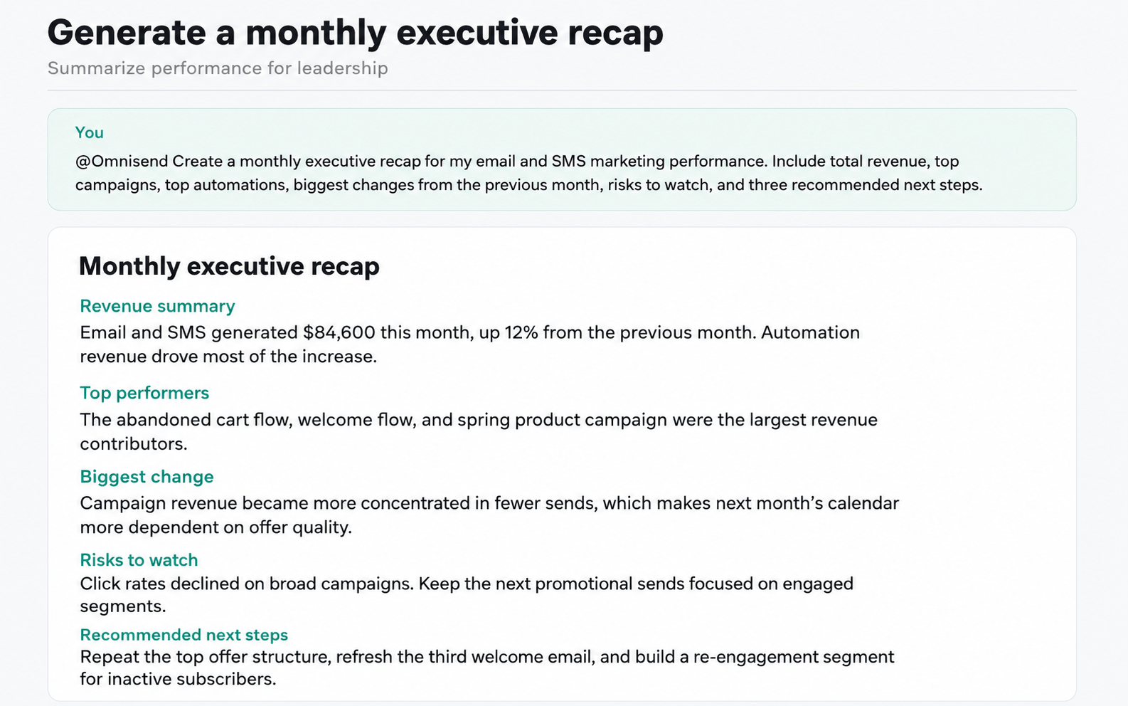 How to use ChatGPT for email marketing: A digital dashboard displays a monthly executive recap, summarizing revenue, top performers, biggest change, risks to watch, and recommended next steps for email and SMS marketing performance.