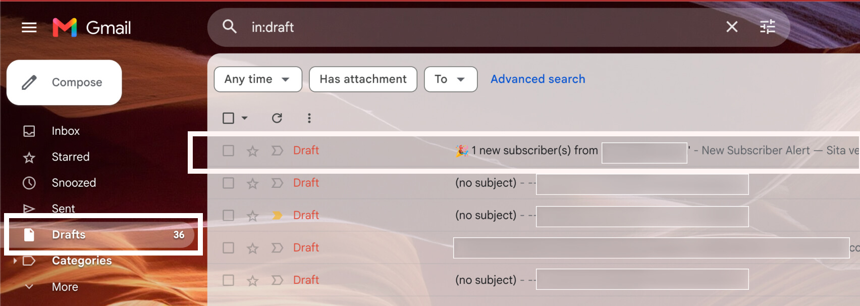 Subscriber notifications with Omnisend MCP: Screenshot of a Gmail inbox with the Drafts folder selected, showing 36 drafts. The highlighted draft email is titled 1 new subscriber(s) from... with other drafts listed below, some with no subject.
