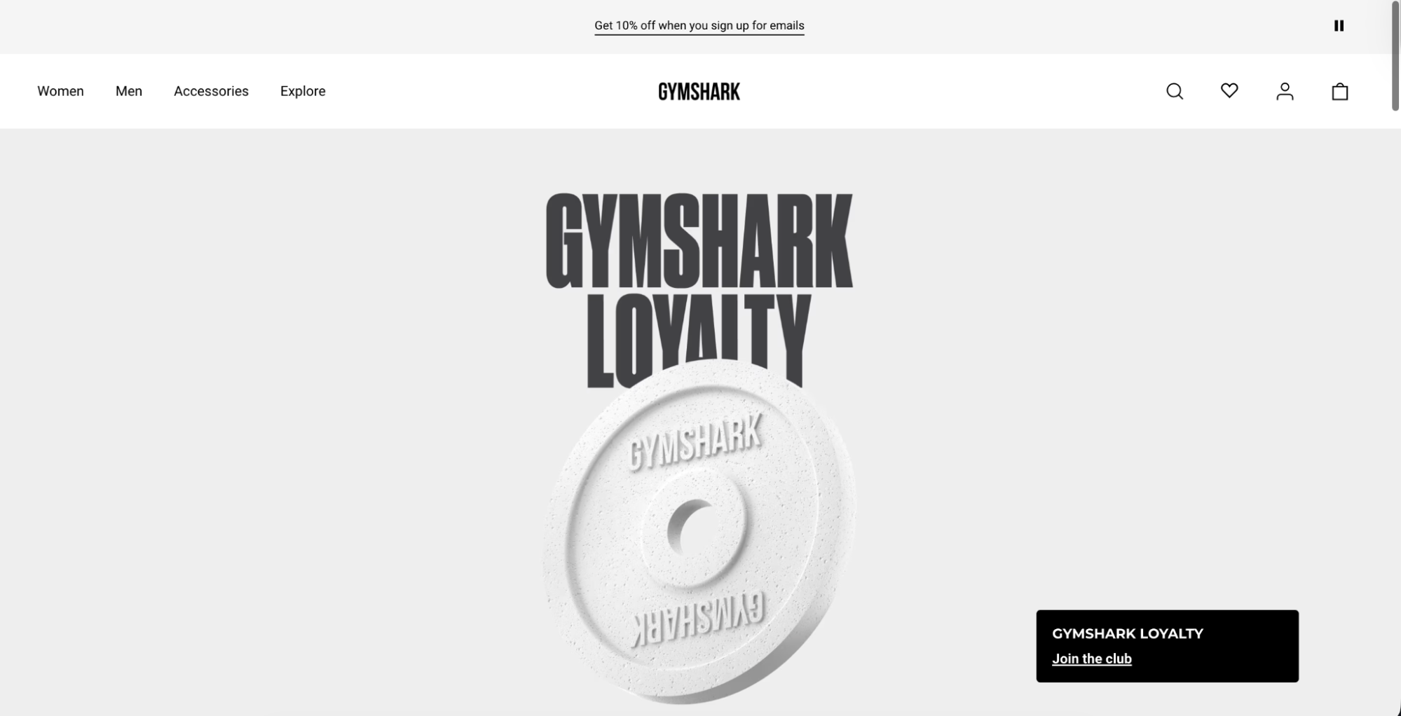 Loyalty programs: A promotional webpage for Gymshark Loyalty features bold text GYMSHARK LOYALTY above a white gym weight plate with GYMSHARK embossed. A button reads GYMSHARK LOYALTY Join the club. Menu links are at the top.