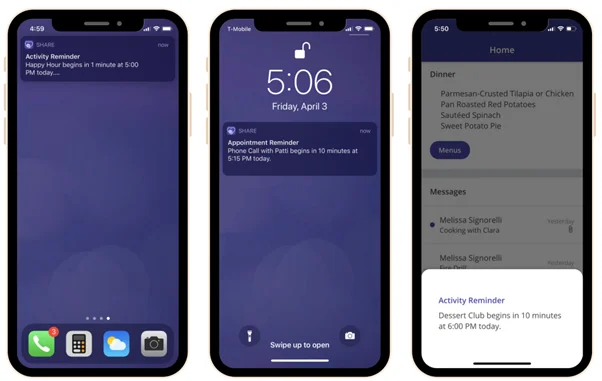 Mobile commerce: Three smartphones display reminder notifications for upcoming activities, including happy hour, a phone call appointment, and a dessert club, each on a simple blue background home or lock screen.