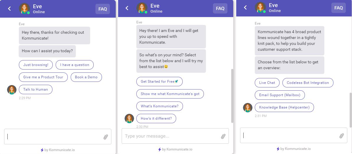 Mobile commerce: Screenshot of a chatbot conversation interface with a virtual assistant named Eve, showing example user questions and response options such as Book a Demo, Talk to Human, and Get Started for Free.