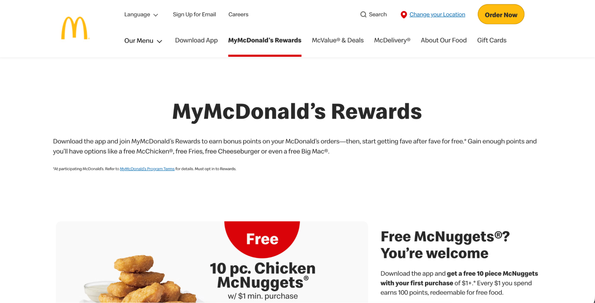 Loyalty programs: Screenshot of the MyMcDonald’s Rewards webpage showing a headline about earning free food, an image of 10-piece Chicken McNuggets, and details about earning points and redeeming rewards at McDonald’s.