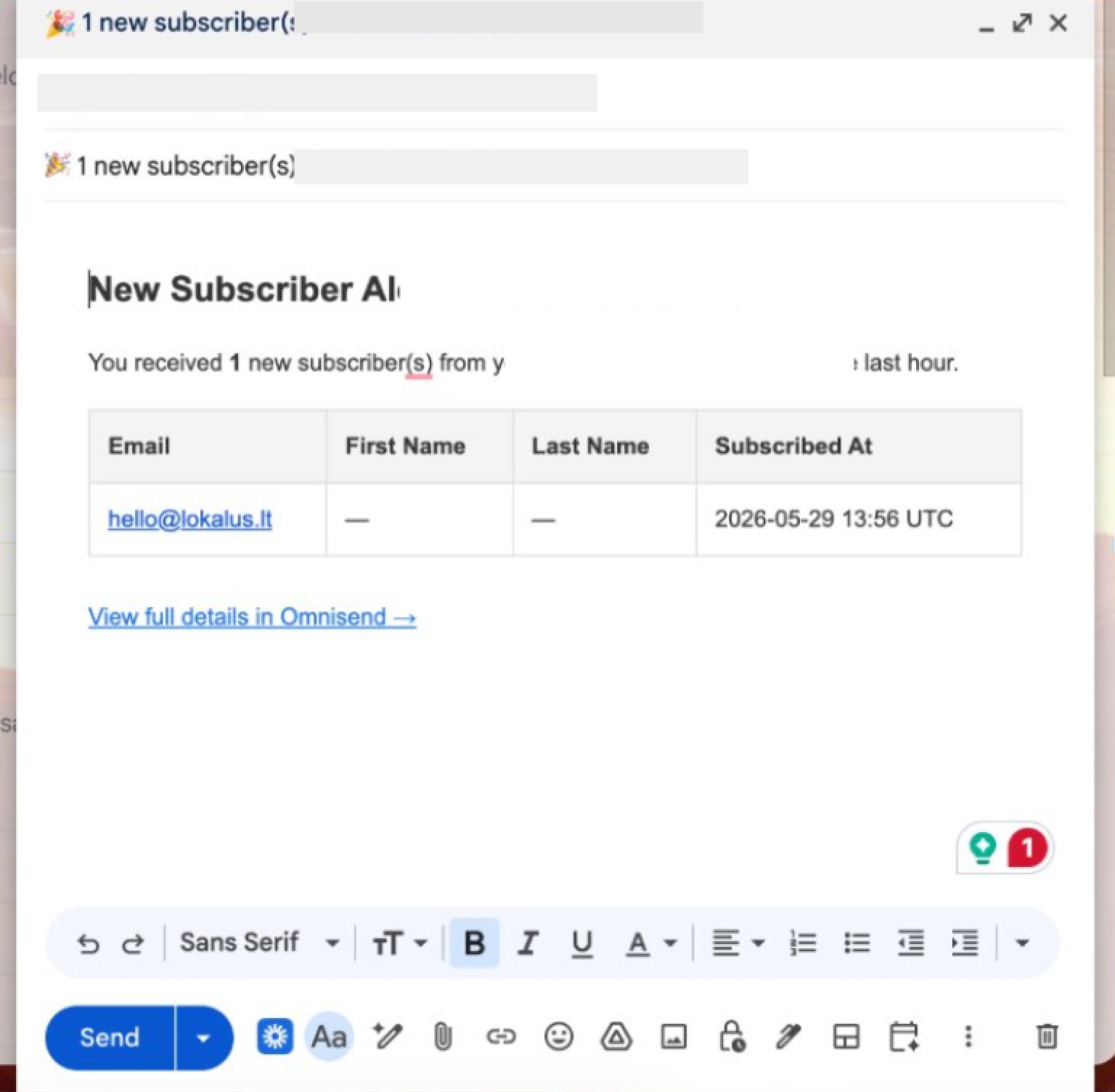 Subscriber notifications with Omnisend MCP: A screenshot of an email notification showing a new subscriber alert, including a table with the subscribers email (hello@lokalus.lt), subscription date (2026-05-29 13:56 UTC), and blank name fields.