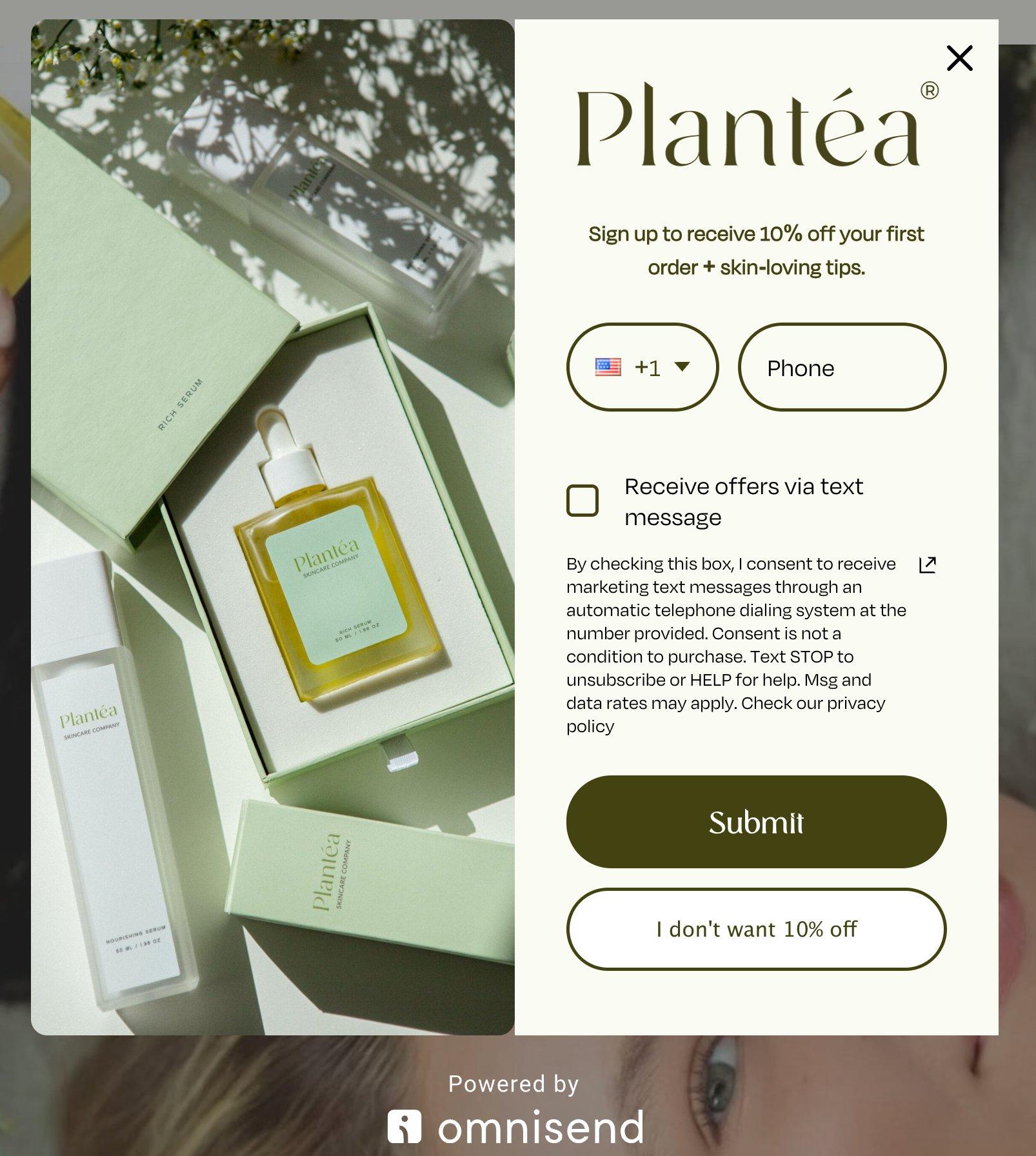 SMS opt-in message examples: Open box with Plantea skincare oil and bottle on a green background next to a sign-up form offering 10% off for first orders and text message updates.