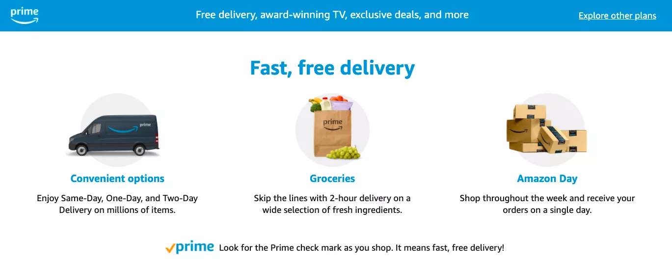 Loyalty programs: Image showing Amazon Prime delivery benefits: a van for convenient shipping options, a grocery bag for 2-hour fresh food delivery, and an Amazon box for one-day Amazon orders. Text highlights fast, free delivery.