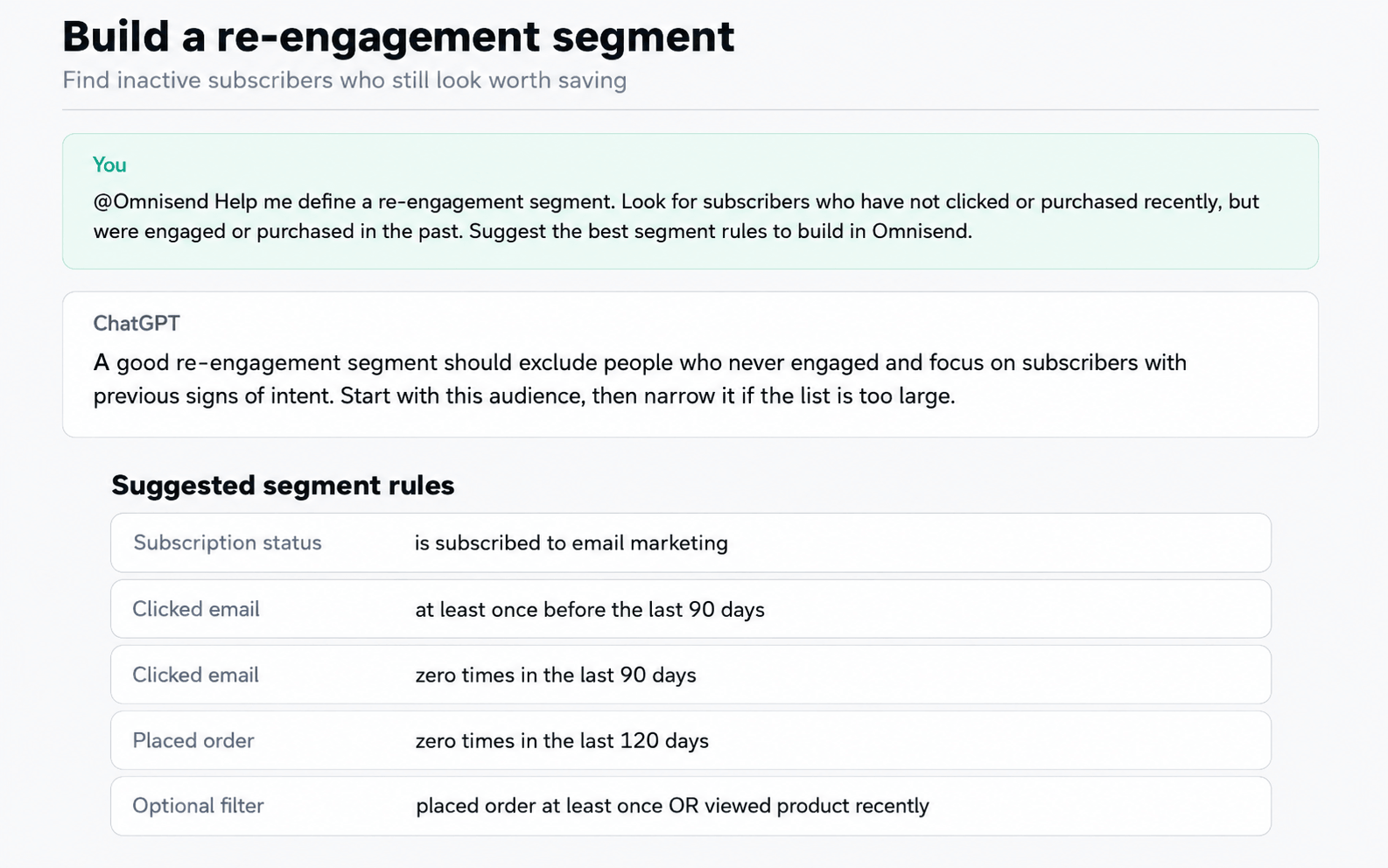 How to use ChatGPT for email marketing: A web page displays advice on building a re-engagement segment in Omnisend, including suggested segment rules such as subscription status, inactivity, and filtering by email orders or product views within specific time frames.