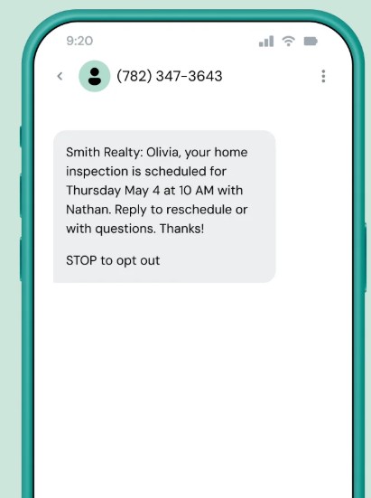SMS real estate marketing: A smartphone screen shows a text message from Smith Realty confirming a home inspection for Olivia on Thursday, May 4 at 10 AM with Nathan, and instructs to reply to reschedule or opt out.