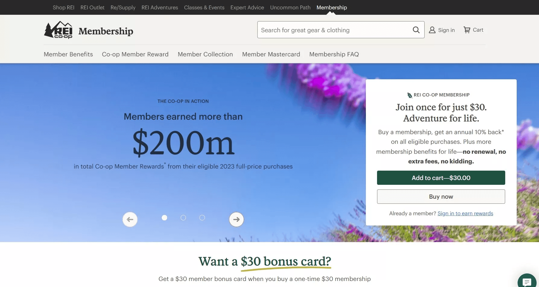 Loyalty programs: A website page promotes membership benefits, stating members earned over $200 million in 2023 rewards. A pop-up encourages joining for $30, highlighting a $30 bonus card and exclusive savings. The background shows a blue sky with flowers.
