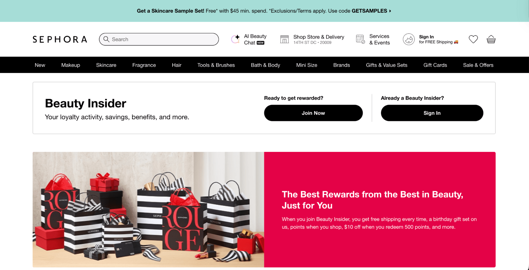 Loyalty programs: Screenshot of Sephora’s Beauty Insider page showing a header, navigation menu, and two sign-up buttons. Below is an image of striped Sephora shopping bags and gift boxes on a table, with a red promotional banner.