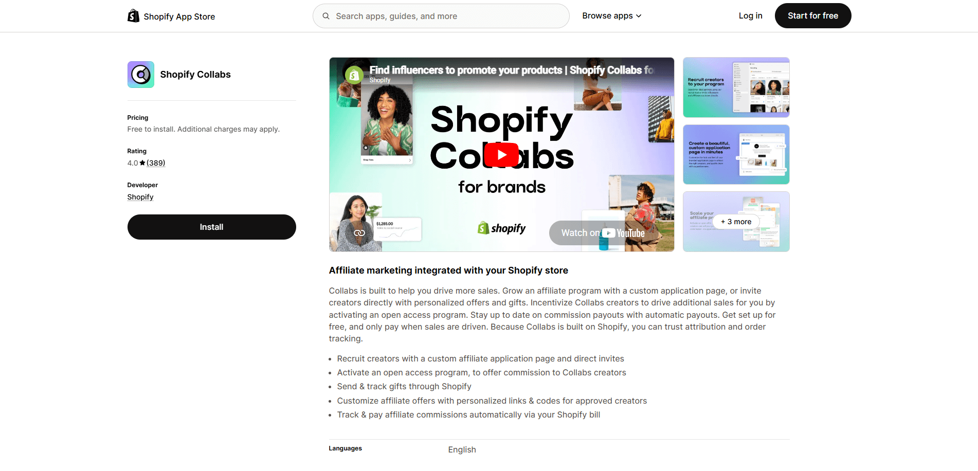 Shopify Collabs: Screenshot of the Shopify App Store page for Shopify Collabs. The page shows an Install button, app details, a banner image with people and app graphics, and a description of affiliate marketing features for Shopify stores.