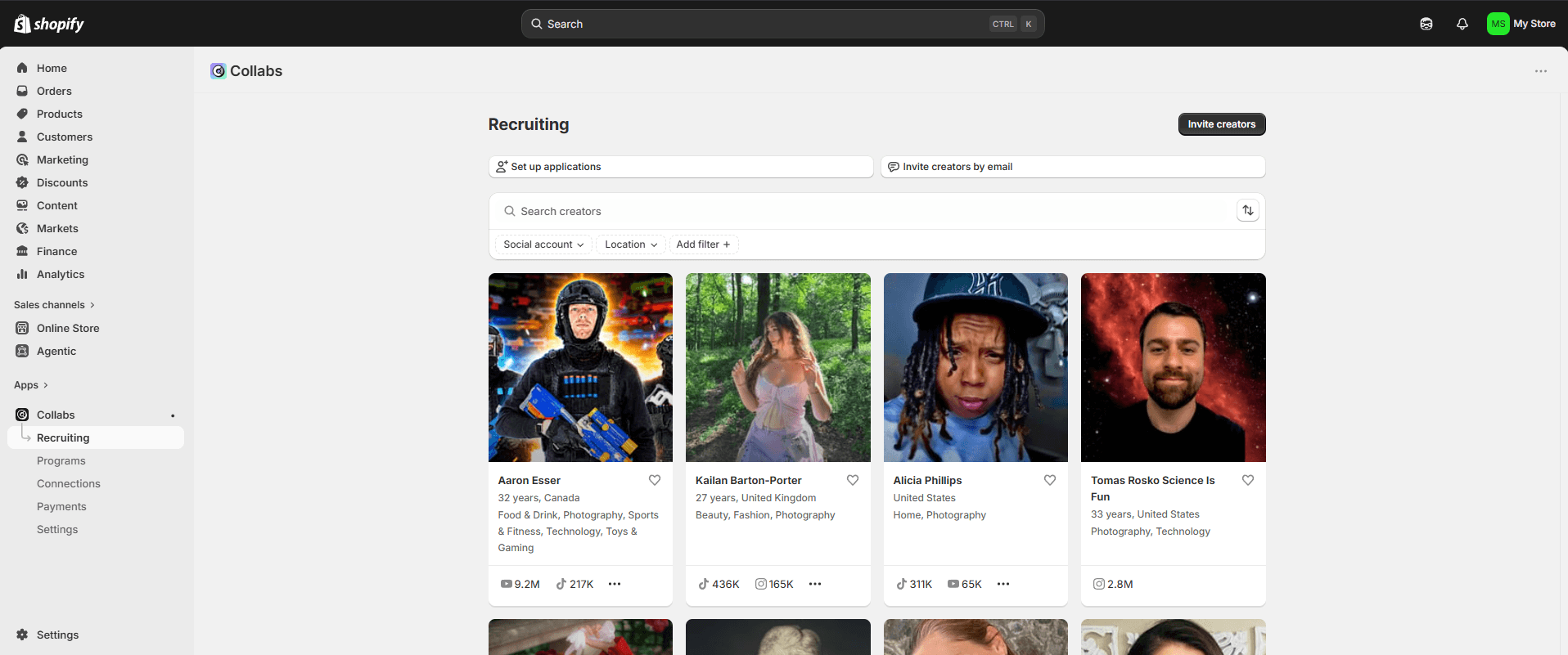 Shopify Collabs: A Shopify Collabs dashboard page shows a Recruiting tab with a search bar, filters, and a grid of creator profiles, each displaying a photo, name, category, and follower count. The top navigation menu and sidebar are visible.