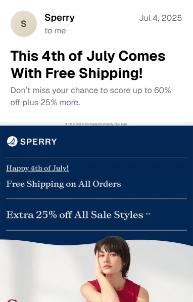 4th of July email subject lines: An email from Sperry promotes free shipping and up to 60% off plus 25% more for the 4th of July, featuring a woman in a red top against a blue and white background.
